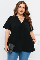 Black Plus Size Textured Short Sleeve Babydoll Blouse