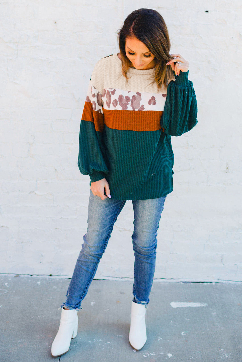 Green Leopard Color Block Waffle Knit Top