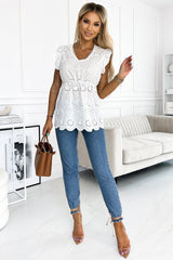 White Eyelet Floral Hollow-out Pattern Ruffle Top