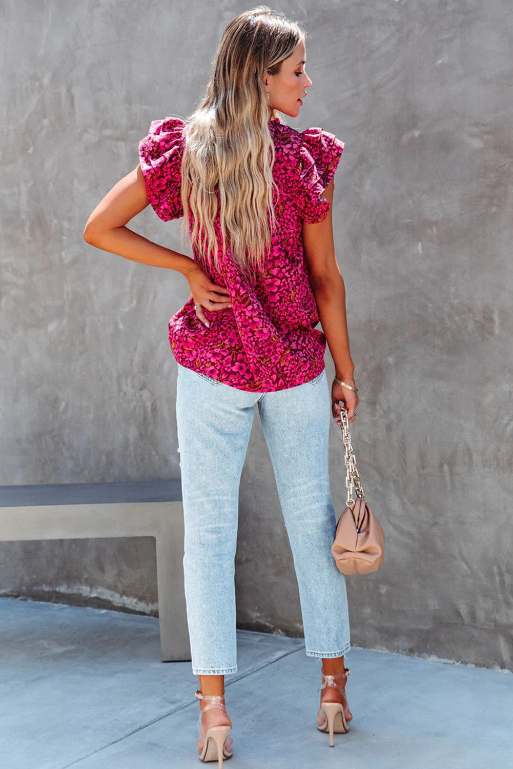 Khaki Floral Print Tiered Flutter Sleeve V Neck Top