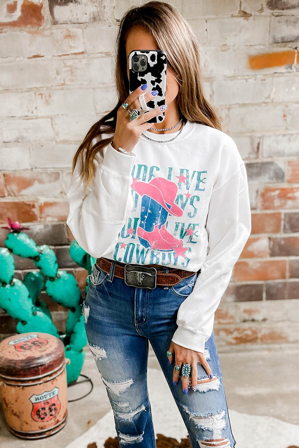 White LONG LIVE COWBOY WILD WEST Graphic Sweatshirt