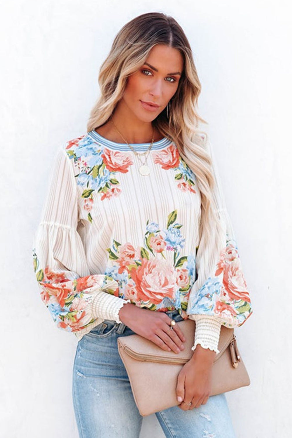 White Floral Striped Print Smocked Lantern Sleeve Top