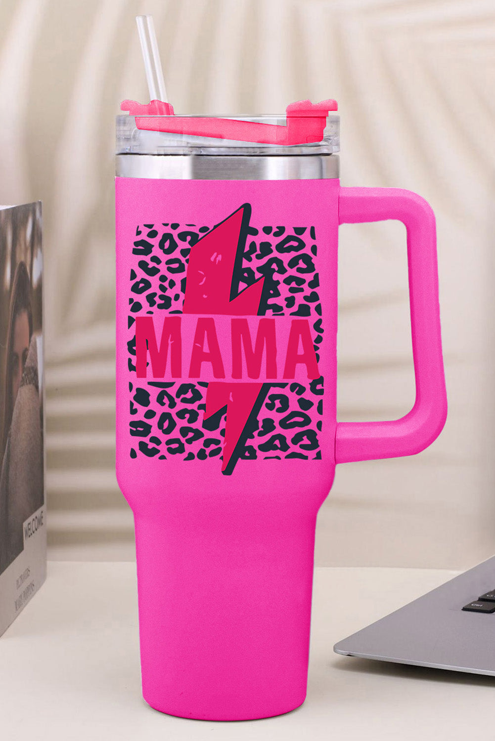 Rose Mama Leopard Print Stainless Steel Insulate Cup with Handle 40oz