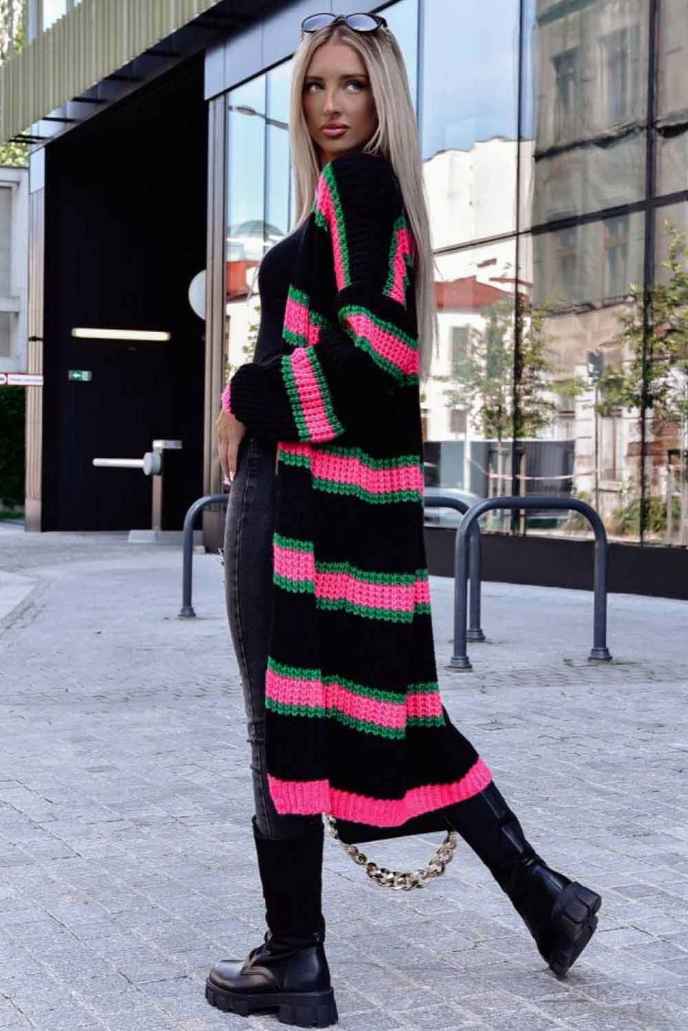 Black Drop Shoulder Color Block Knitted Duster Cardigan