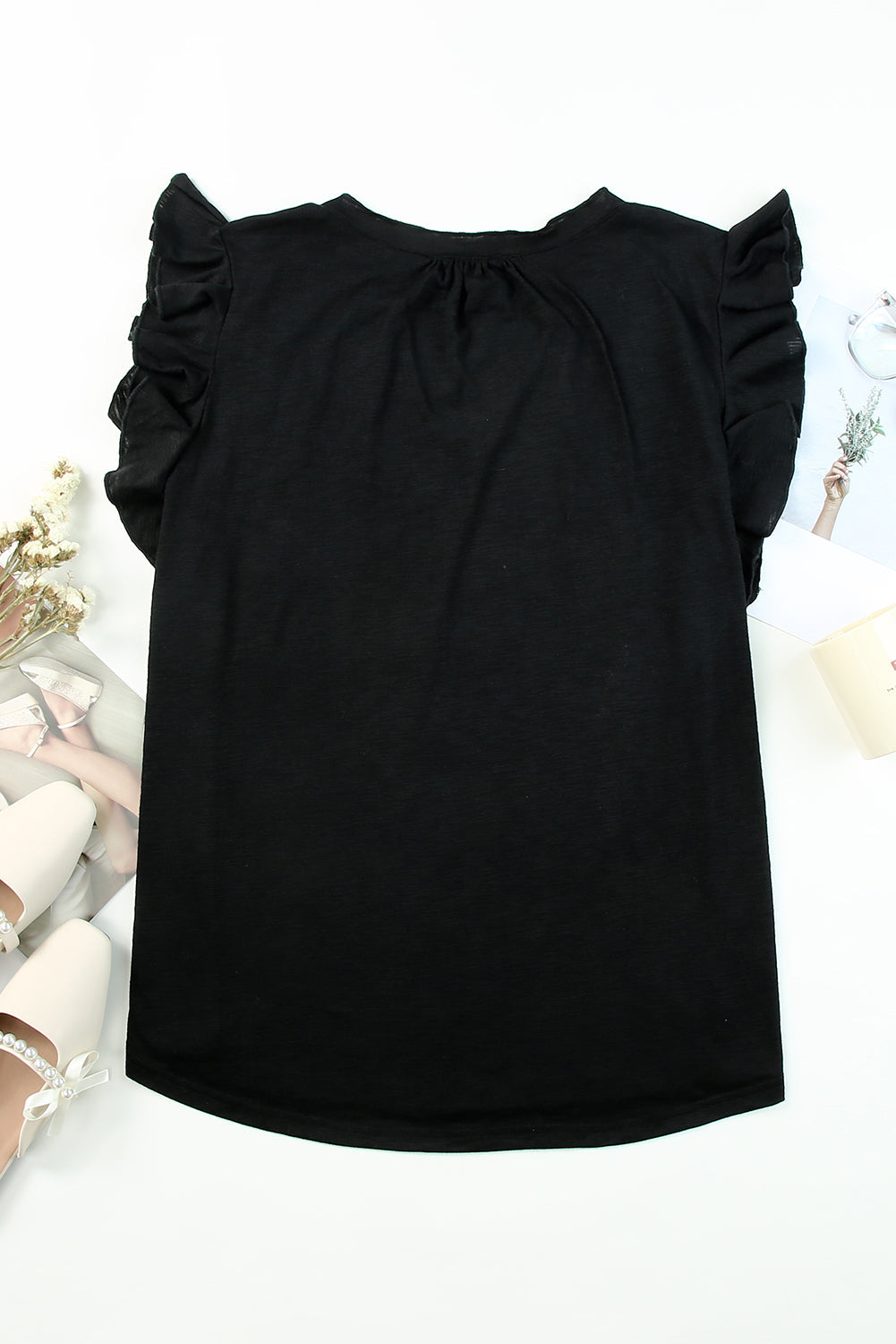 Black V Neck Ruffle Sleeve Plus Size Top