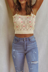 Beige Spaghetti Straps Rose Applique Crochet Knit Crop Top