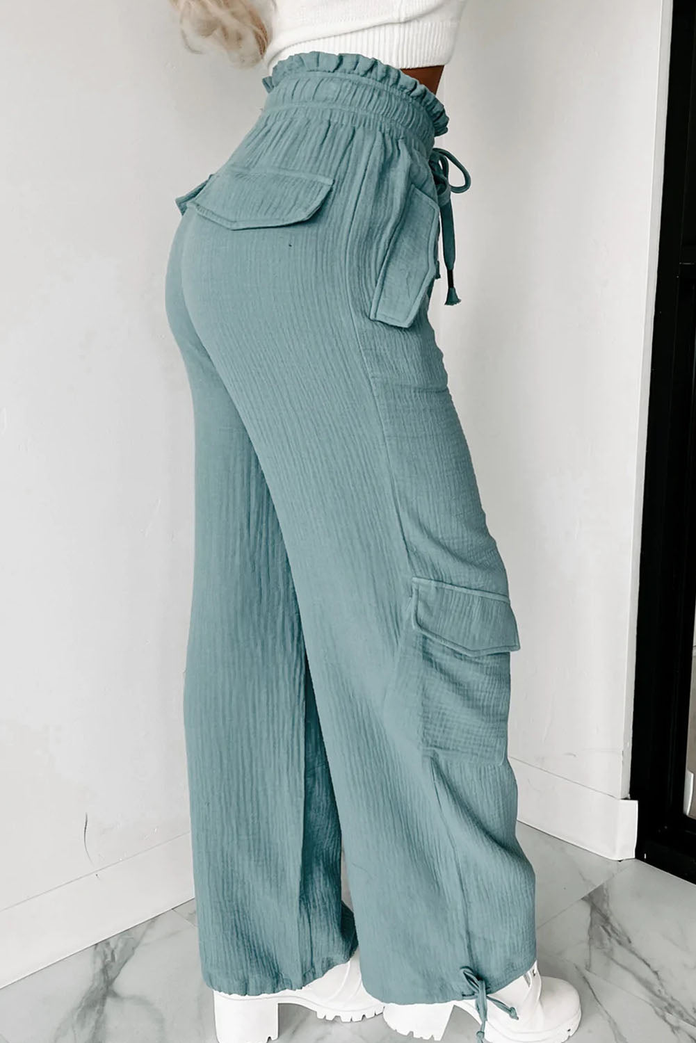 Green Frill Drawstring Waist Crinkle Cargo Pants