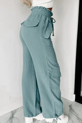 Green Frill Drawstring Waist Crinkle Cargo Pants