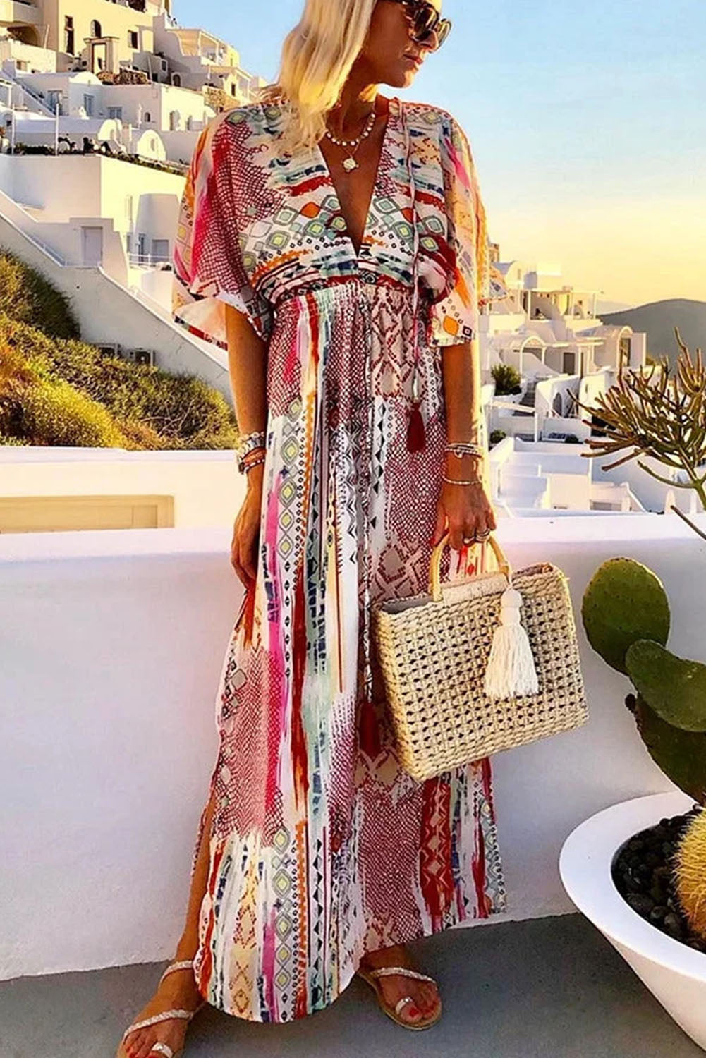 Multicolor Boho Vacation Mixed Print Deep V Maxi Dress