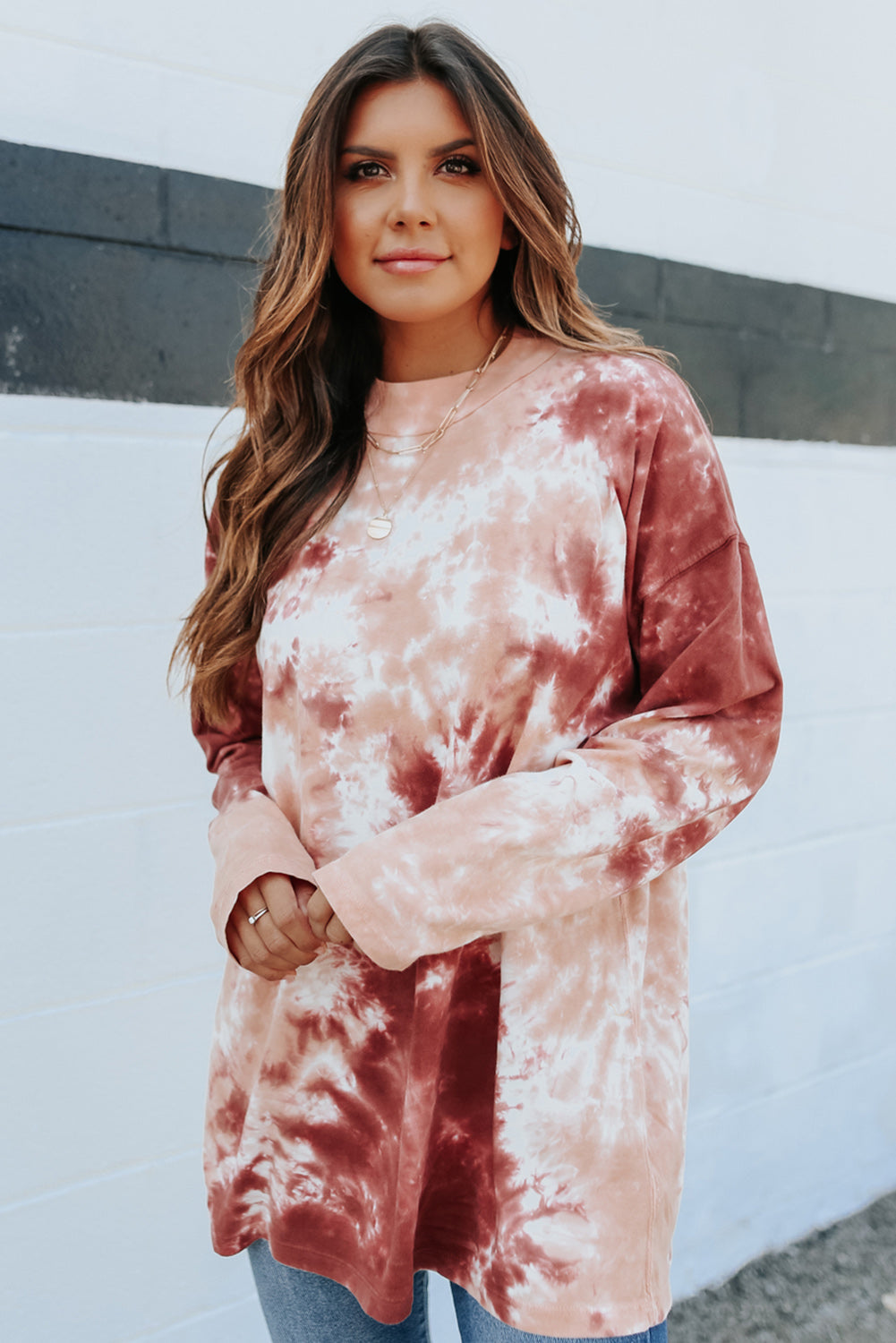 Red Tie Dye Crew Neck Long Sleeve Top