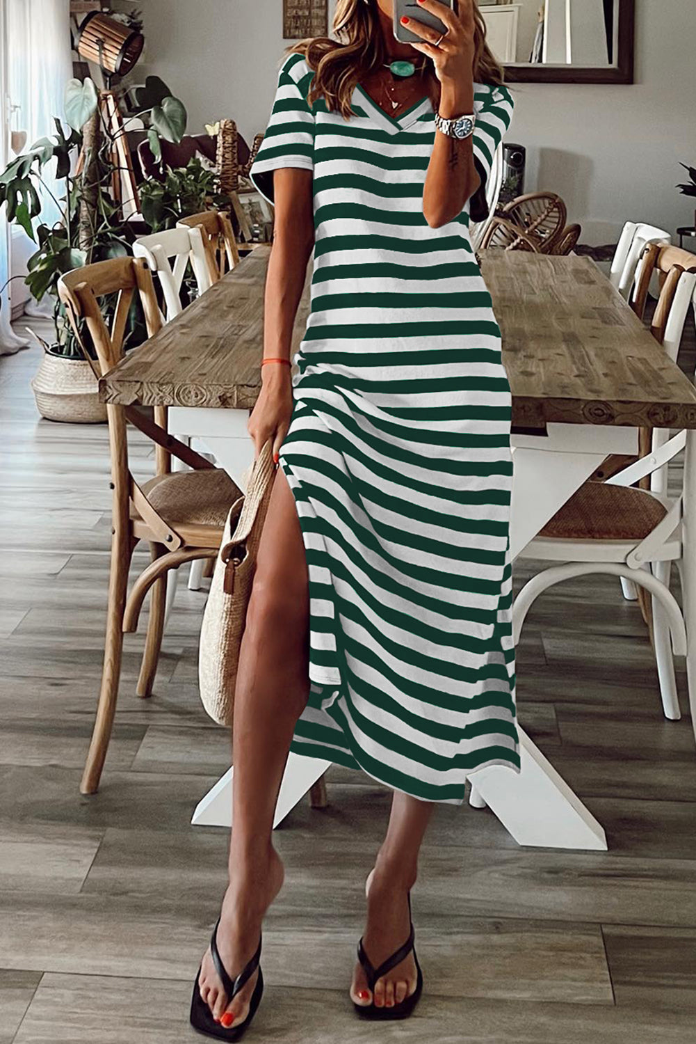 Black Stripe Print V Neck Maxi Dress with Side Splits