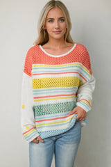 Multicolor Hollow Striped Knit Contrast Sleeve Sweater