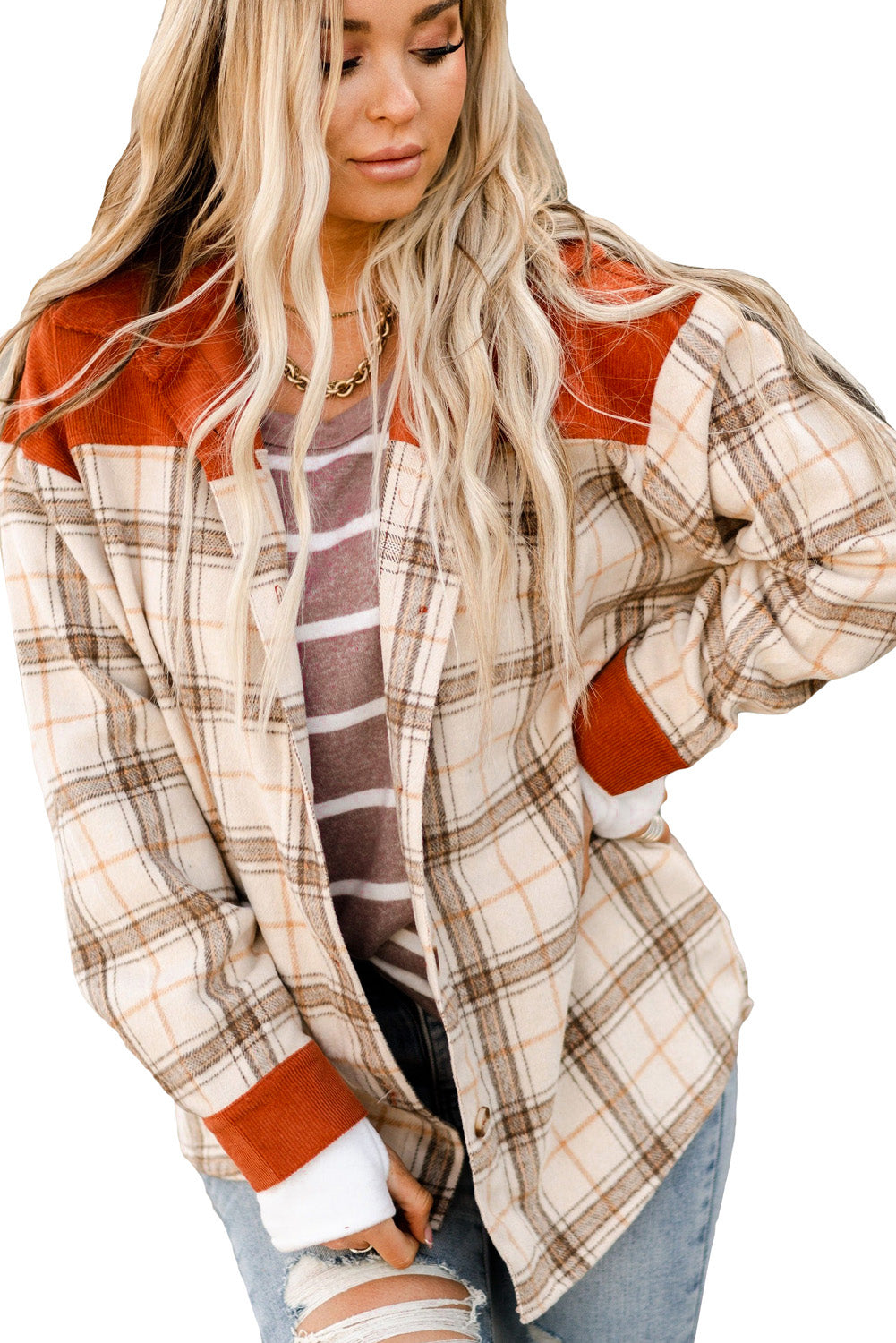 Orange Contrast Corduroy Plaid Shacket
