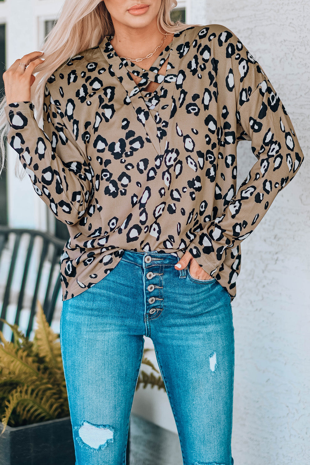 Leopard Crisscross V Neck Leopard Long Sleeve Tops