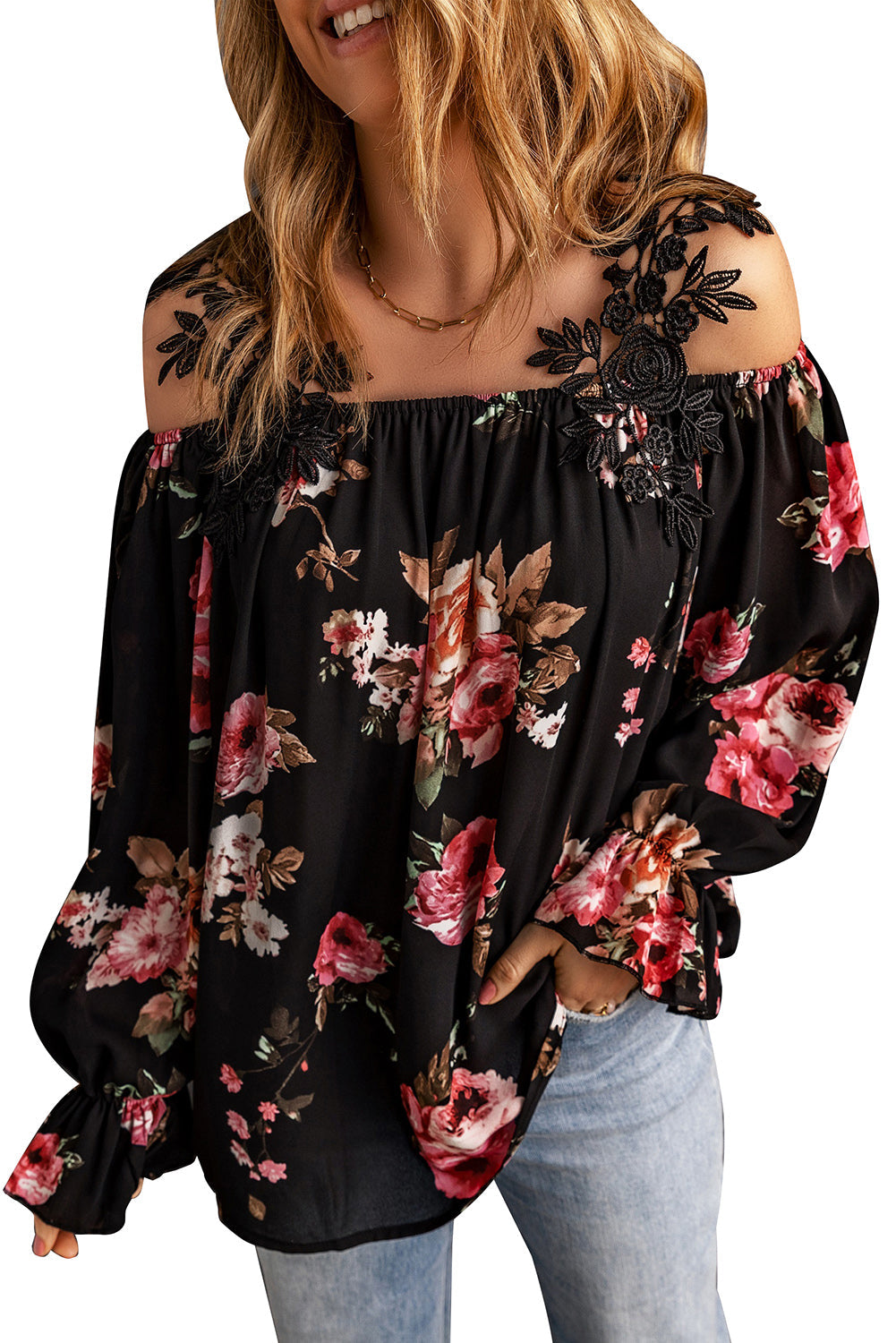 Black Floral Print Lace Patchwork Loose Cold Shoulder Blouse