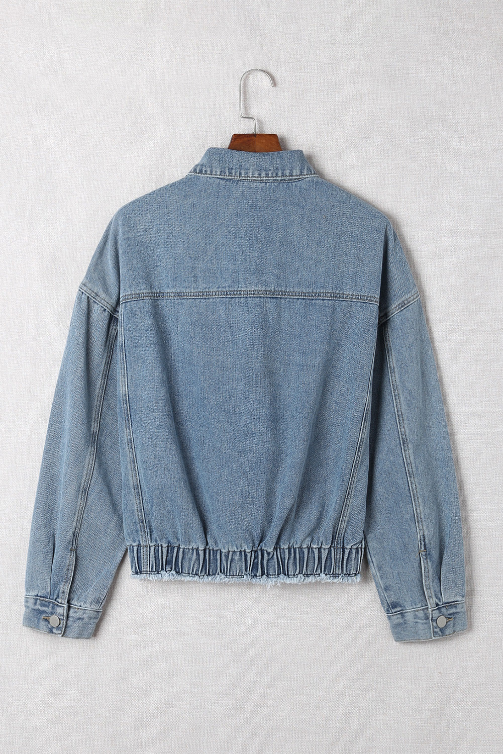 Sky Blue Elastic Hemline Acid Wash Denim Jacket