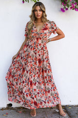 Red Floral Print Frilled V Neck Short Sleeve Maxi Dress