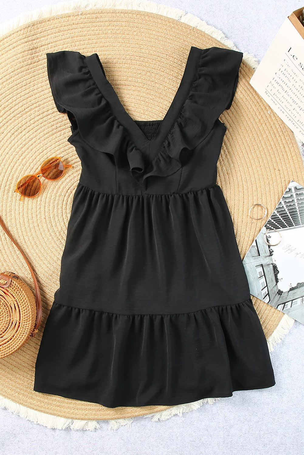 Blue Ruffle Trim V Neck Smocking Back Mini Dress