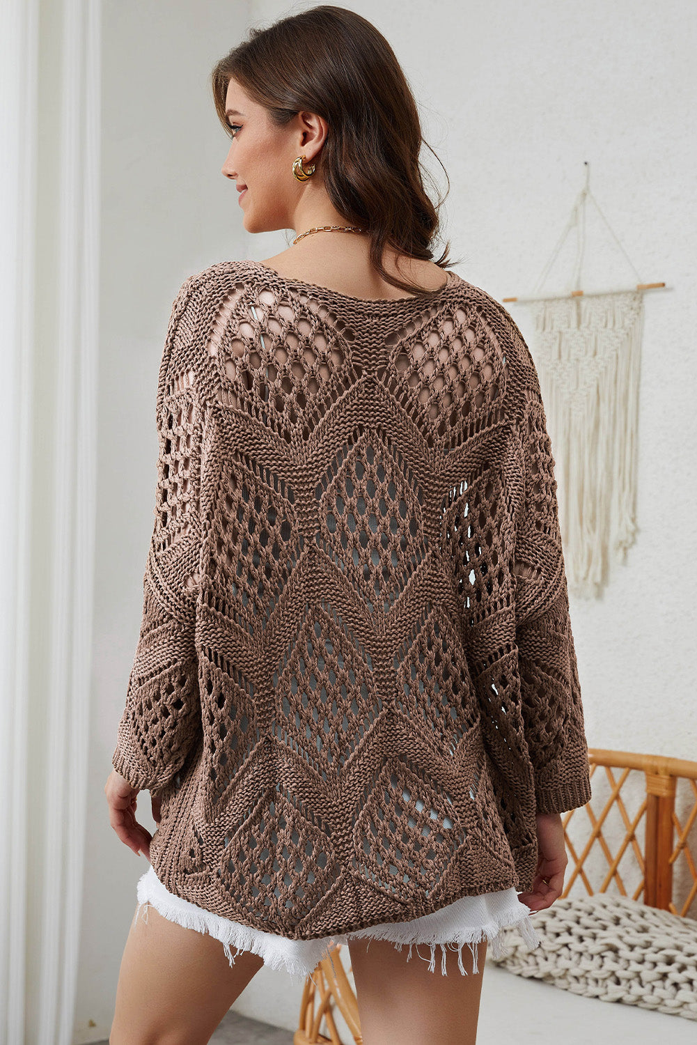 Khaki Hollowed Knit V Neck Dolman Sleeve Sweater