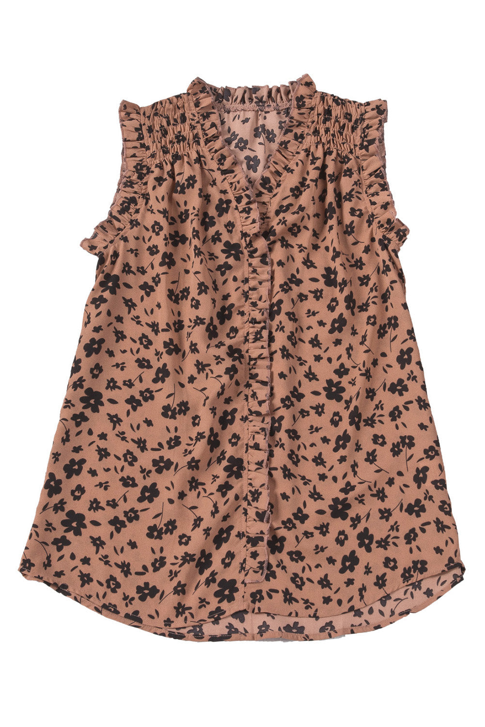 Brown Floral Print Frilled Tank Top