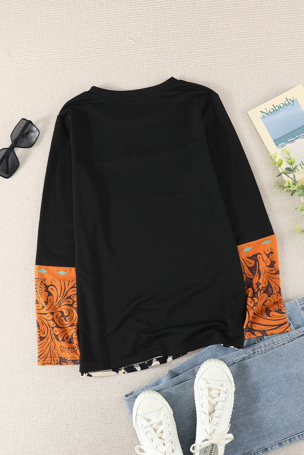 Black Leopard Tribal Print Splicing Long Sleeve Top