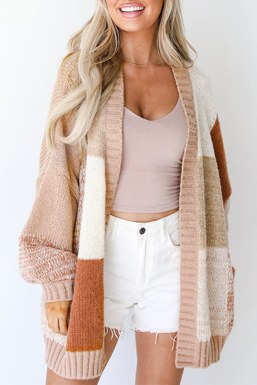 Khaki Checkered Pattern Open Front Drop Shoulder Slouchy Cardigan