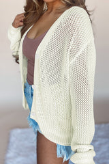 Beige Plain Hollowed Knit Button Front Cardigan