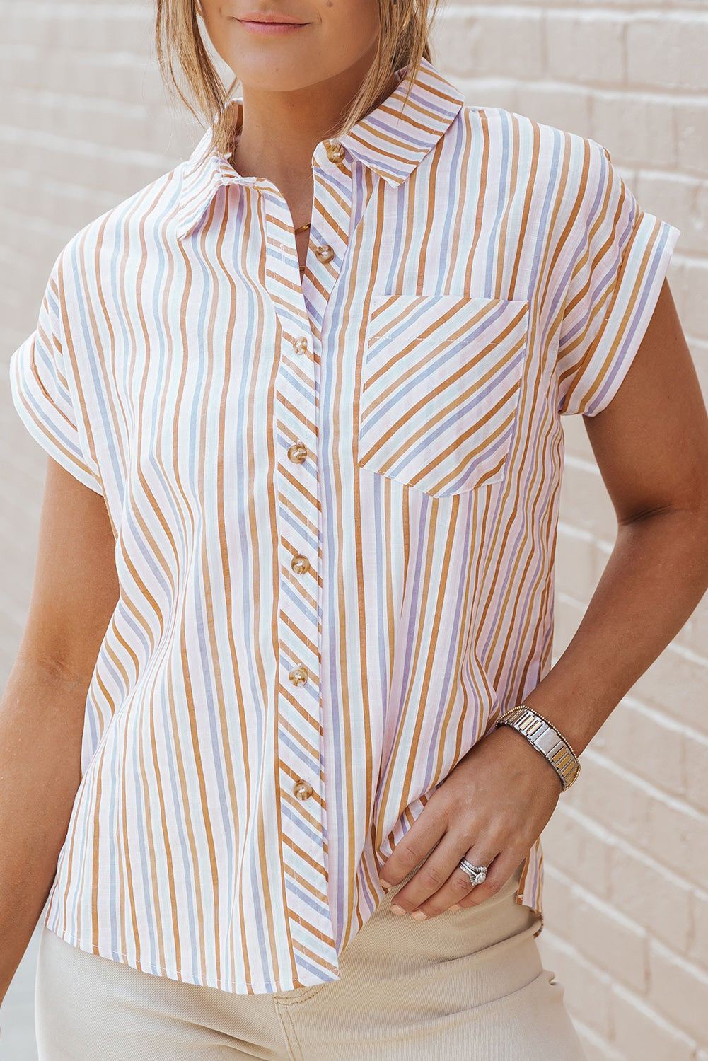 Multicolor Stripe Short Sleeve Button up Shirt