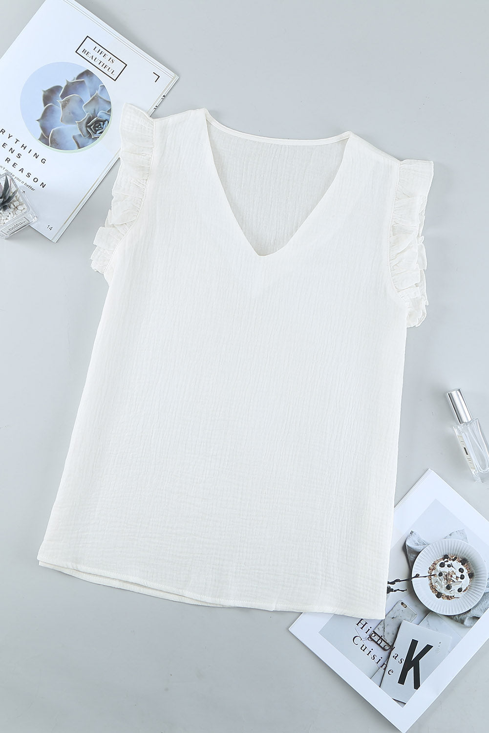 White Ruffled Sleeve V Neck Top