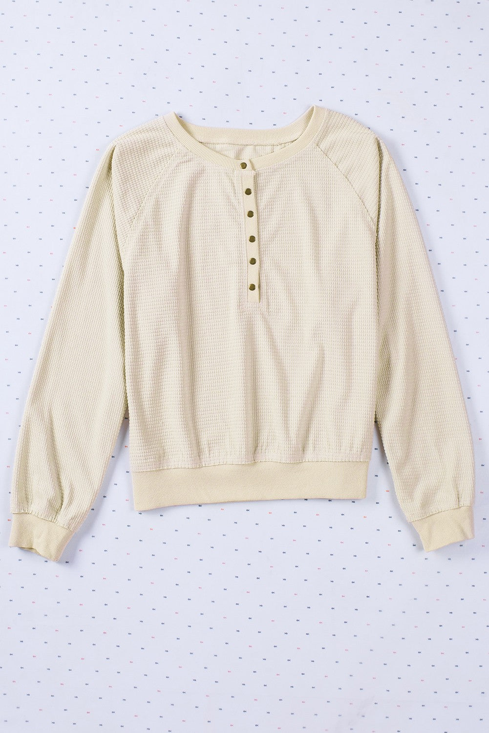 Beige Snap Button V-Neck Waffle Knit Top