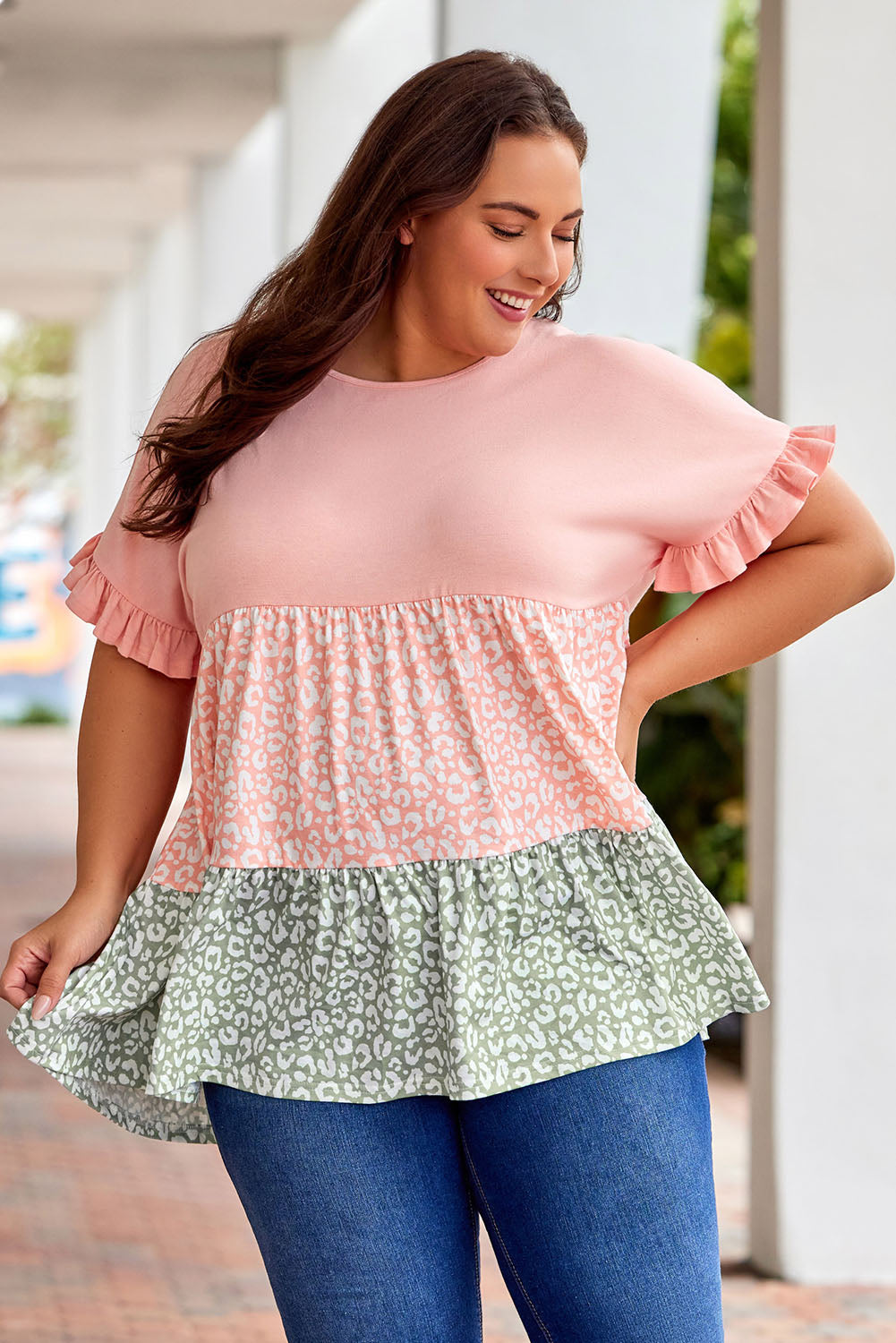 Pink Ruffled Short Sleeve Leopard Splicing Flowy Plus Size Top