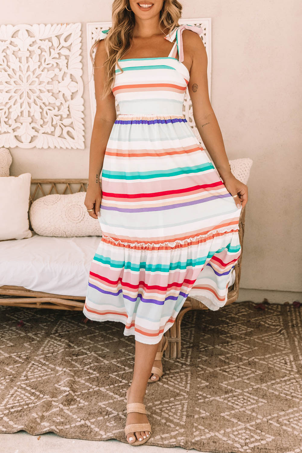 Multicolor Tie Shoulder Strap Striped Midi Dress