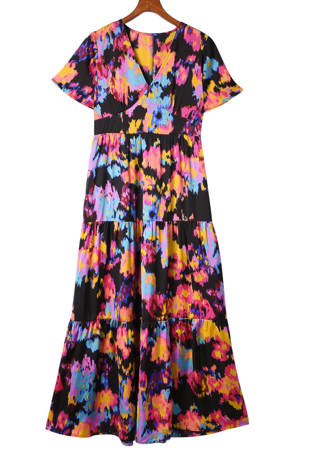 Black Smocked Tie-dye Print Midi Dress