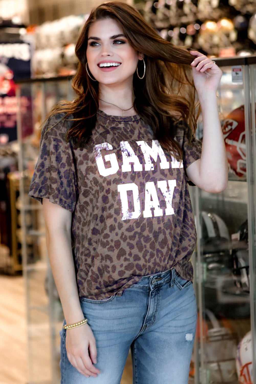 Gray GAME DAY Leopard Print T Shirt