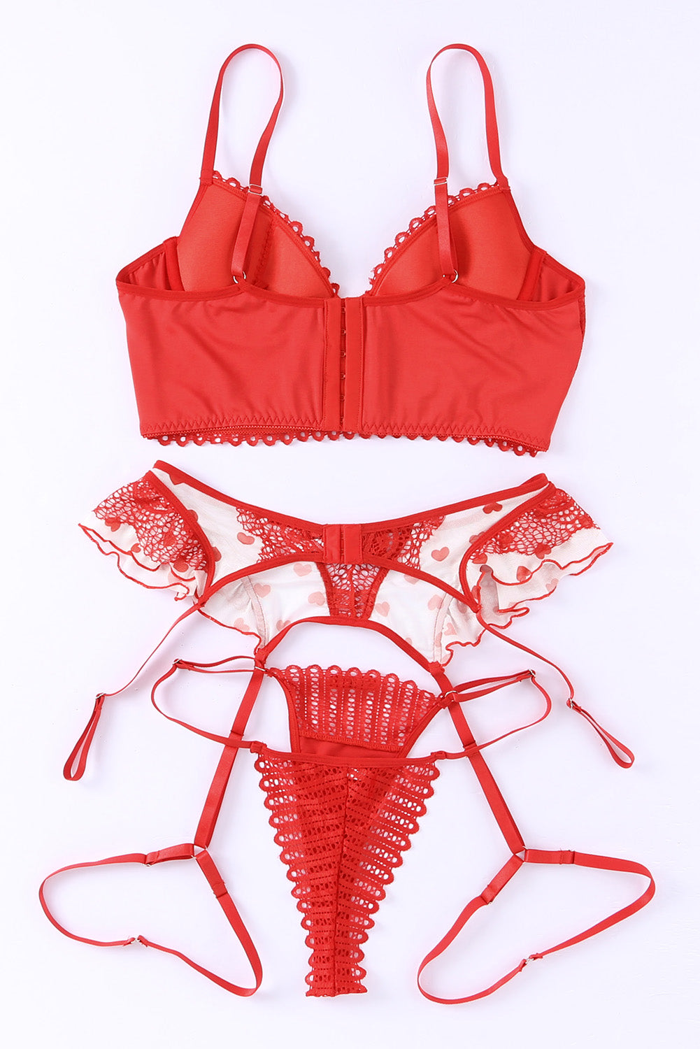 Red 3pcs Heart Print Mesh Splice Sexy Lingerie Set