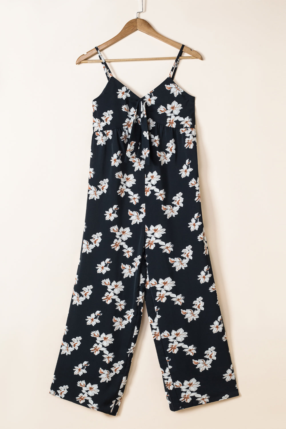 Black Tie Decor V Neck Floral Wide Leg Jumpsuit