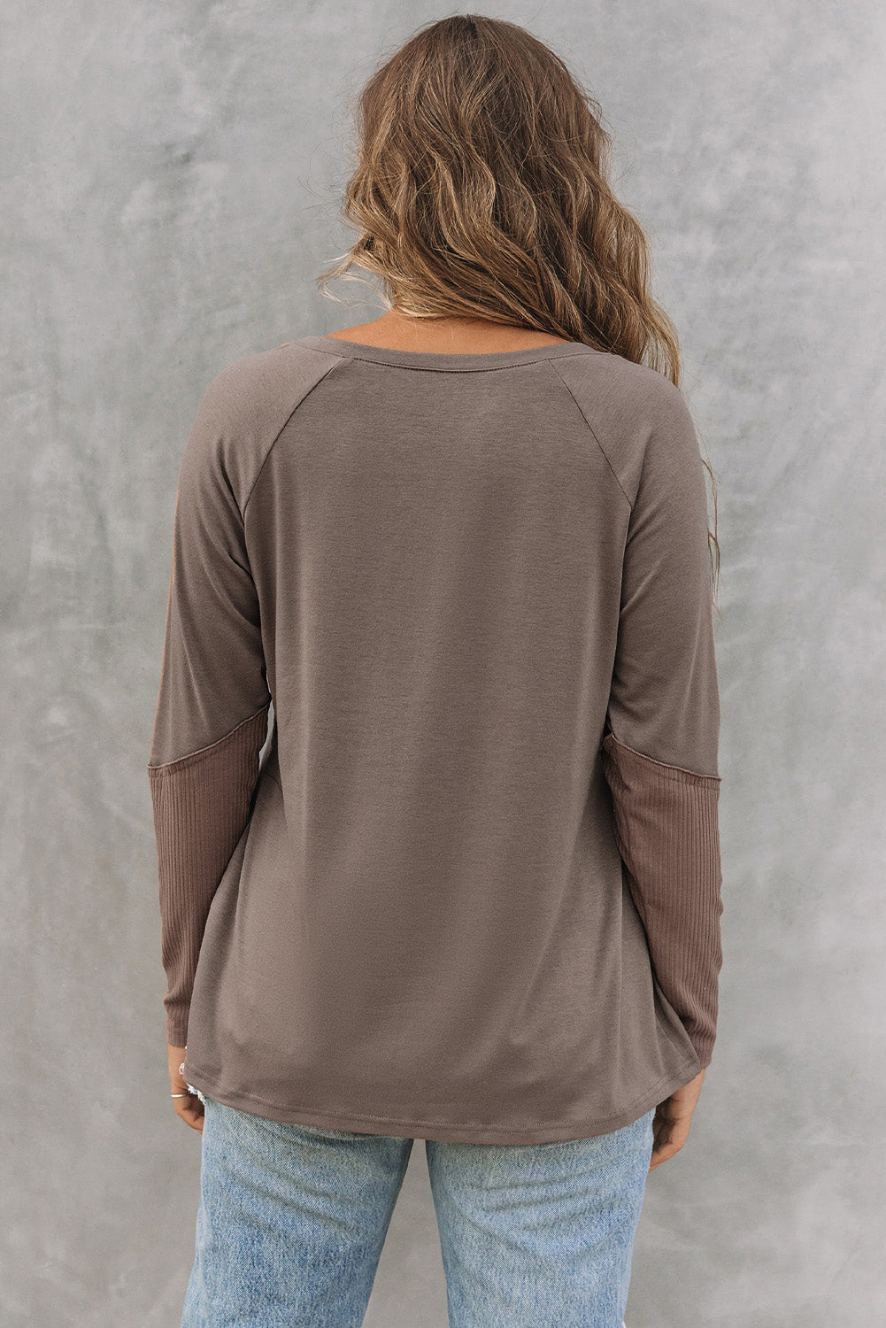 Khaki Ribbed Patchwork V Neck Long Sleeve Top