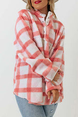 Pink Plus Size Tunic Plaid Sherpa Henley Sweatshirt