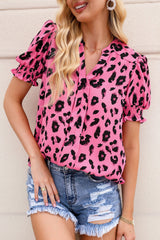 Pink Leopard Notch Neck Bubble Sleeve Blouse