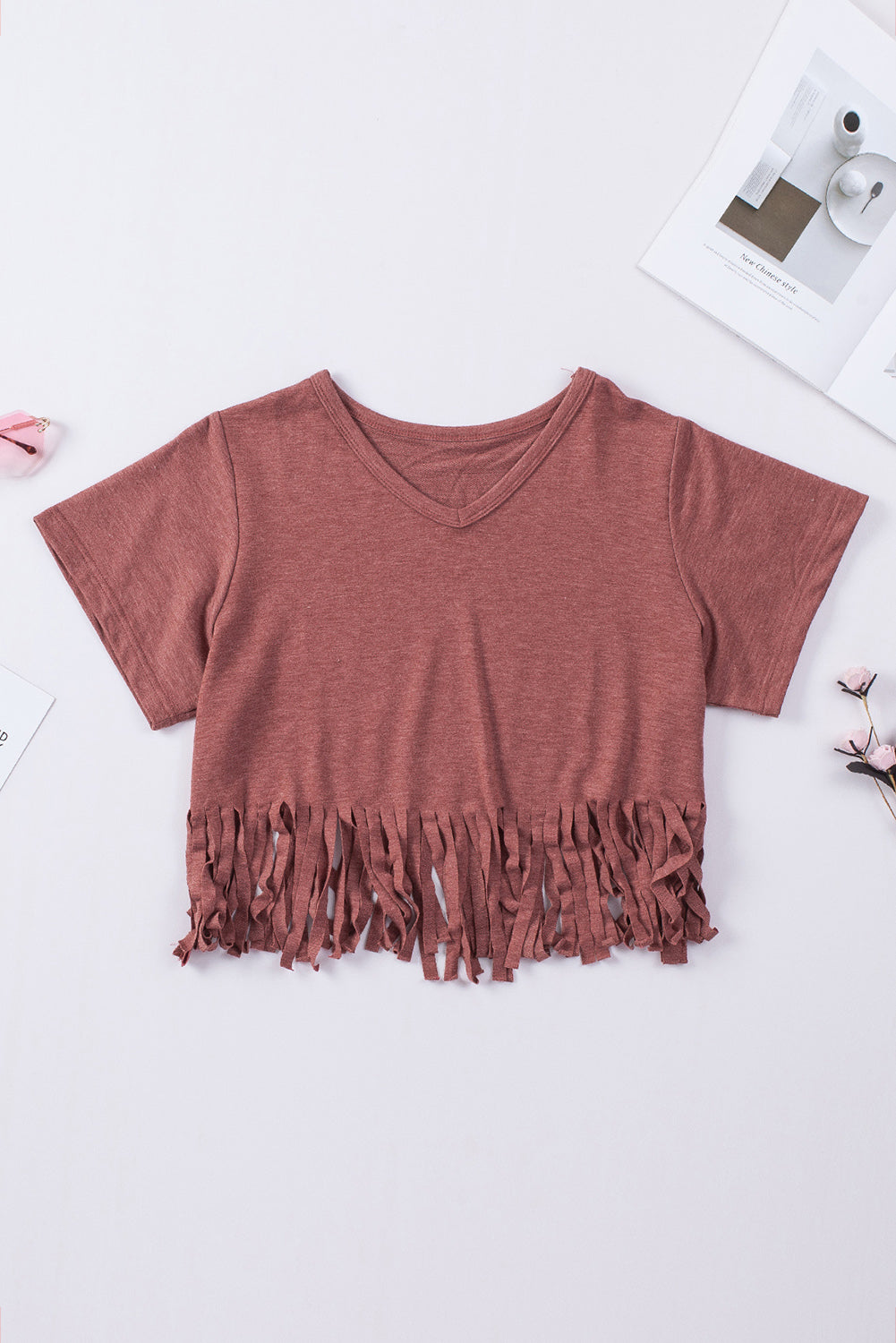 Black Fringe Hem V Neck T Shirt