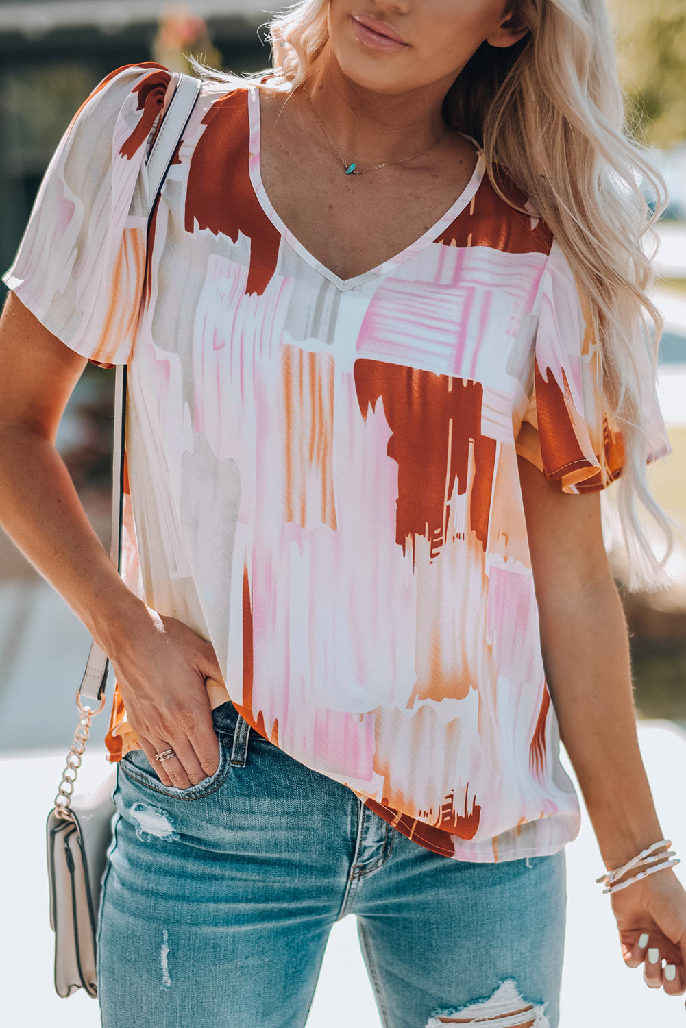 Multicolor Color Block Ruffled Short Sleeve V Neck T-shirt