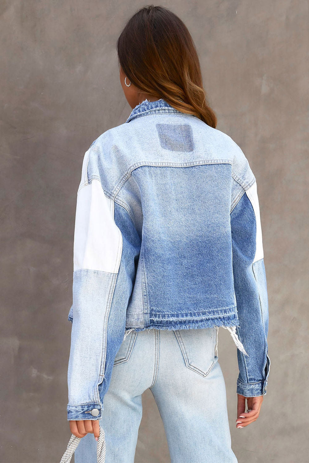 Sky Blue Color Block Denim Patchwork Frayed Hem Jacket