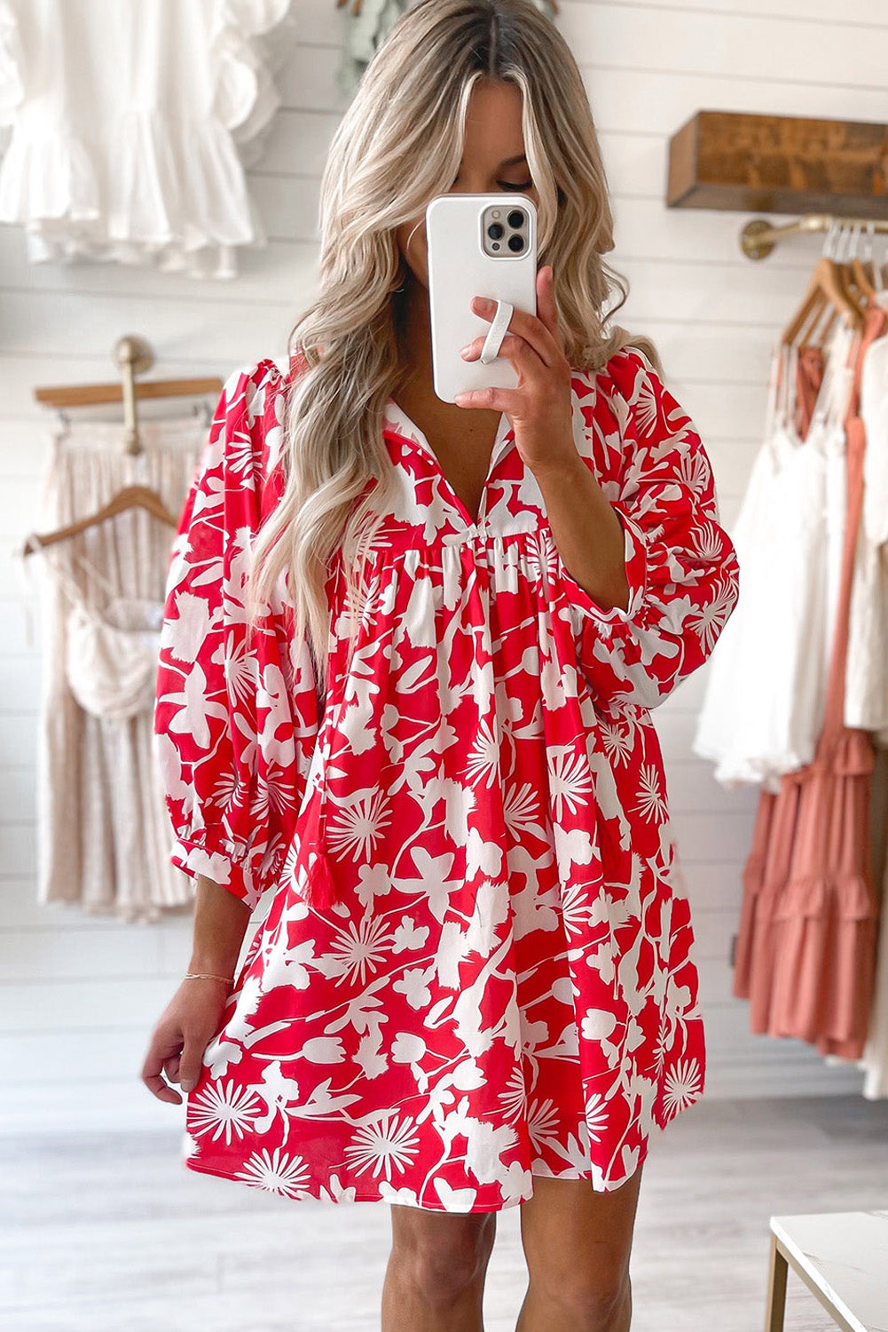 Red Floral Print Puff Sleeve Split Neck Babydoll Mini Dress