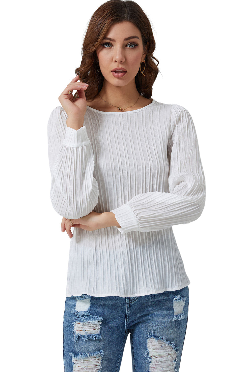 White Ribbed Crewneck Puff Long Sleeve Top