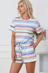 White Striped Print Tee and Shorts Lounge Set