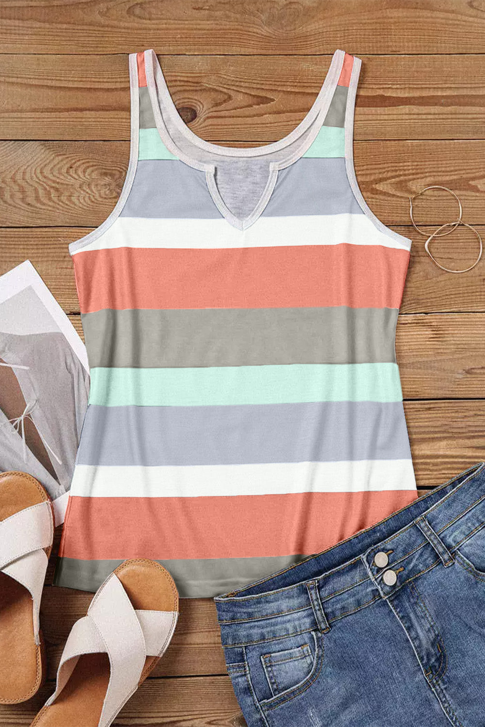 Rose Striped Color Block Notched Neck Tank Top