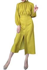 Yellow Ribbon Tie Back Long Puff Sleeve Slit Midi Dress