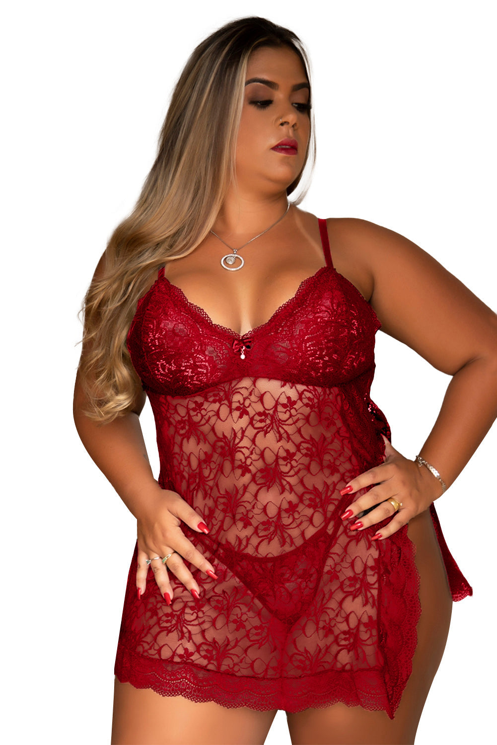 Black Sheer Floral Lace Plus Size Chemise