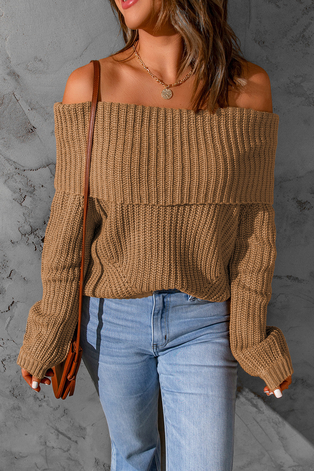 Brown Ribbed Knit Off Shoulder Sweater