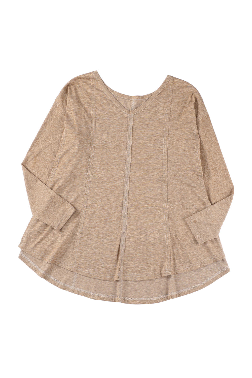 Brown Seamed Loose Fit V Neck Long Sleeve Top